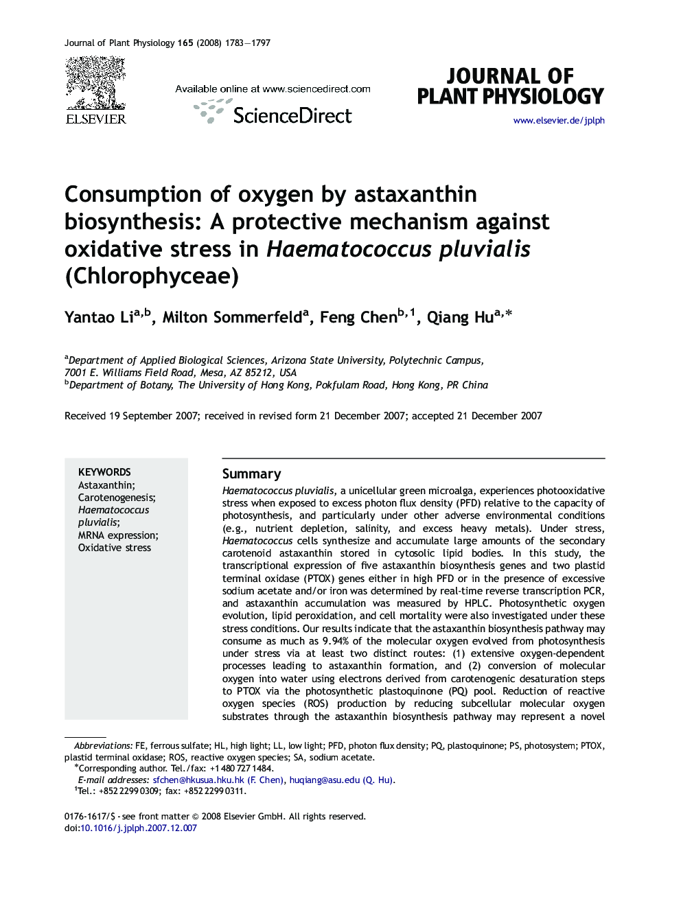 Consumption of oxygen by astaxanthin biosynthesis: A protective mechanism against oxidative stress in Haematococcus pluvialis (Chlorophyceae)