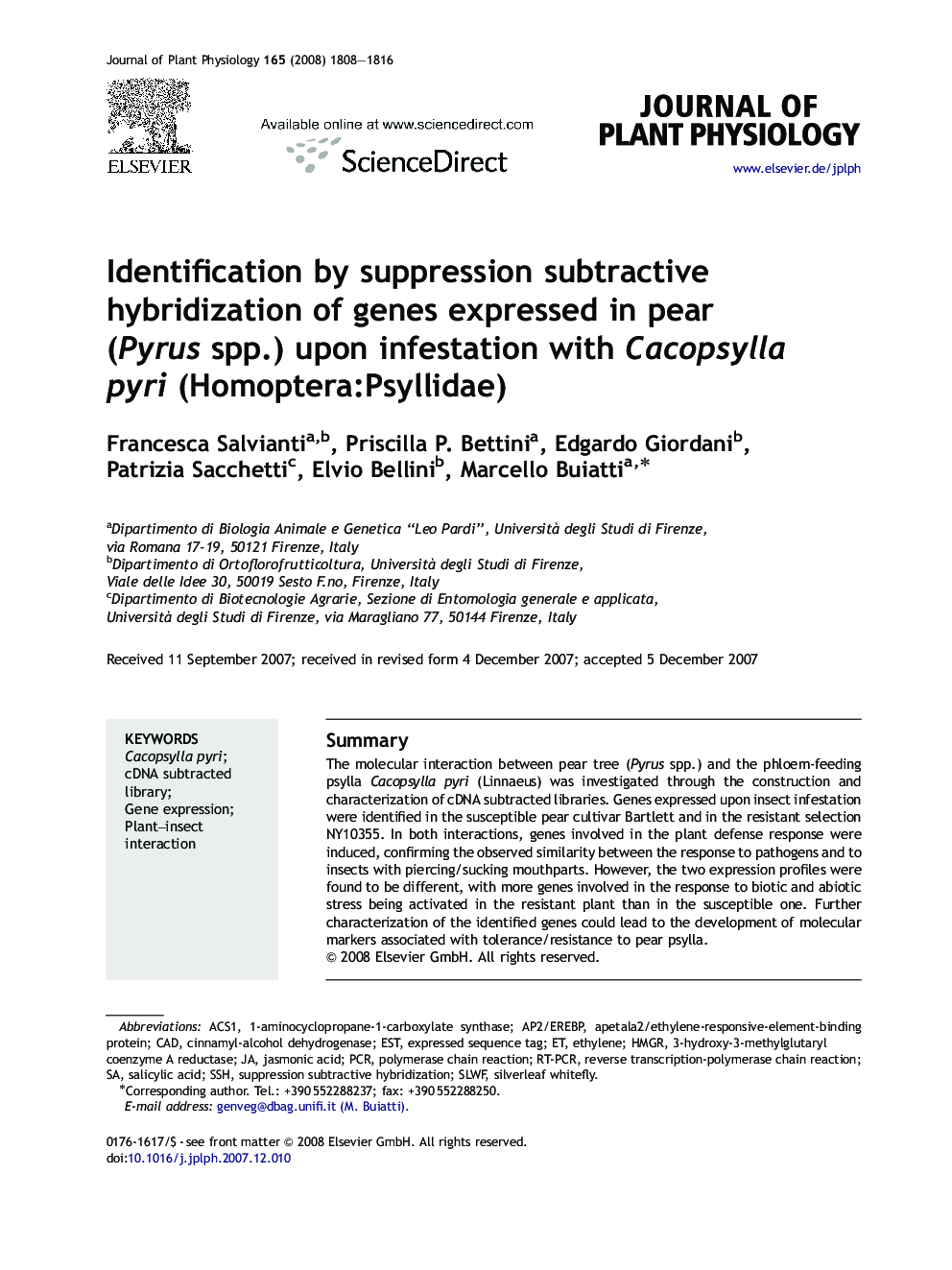 Identification by suppression subtractive hybridization of genes expressed in pear (Pyrus spp.) upon infestation with Cacopsylla pyri (Homoptera:Psyllidae)