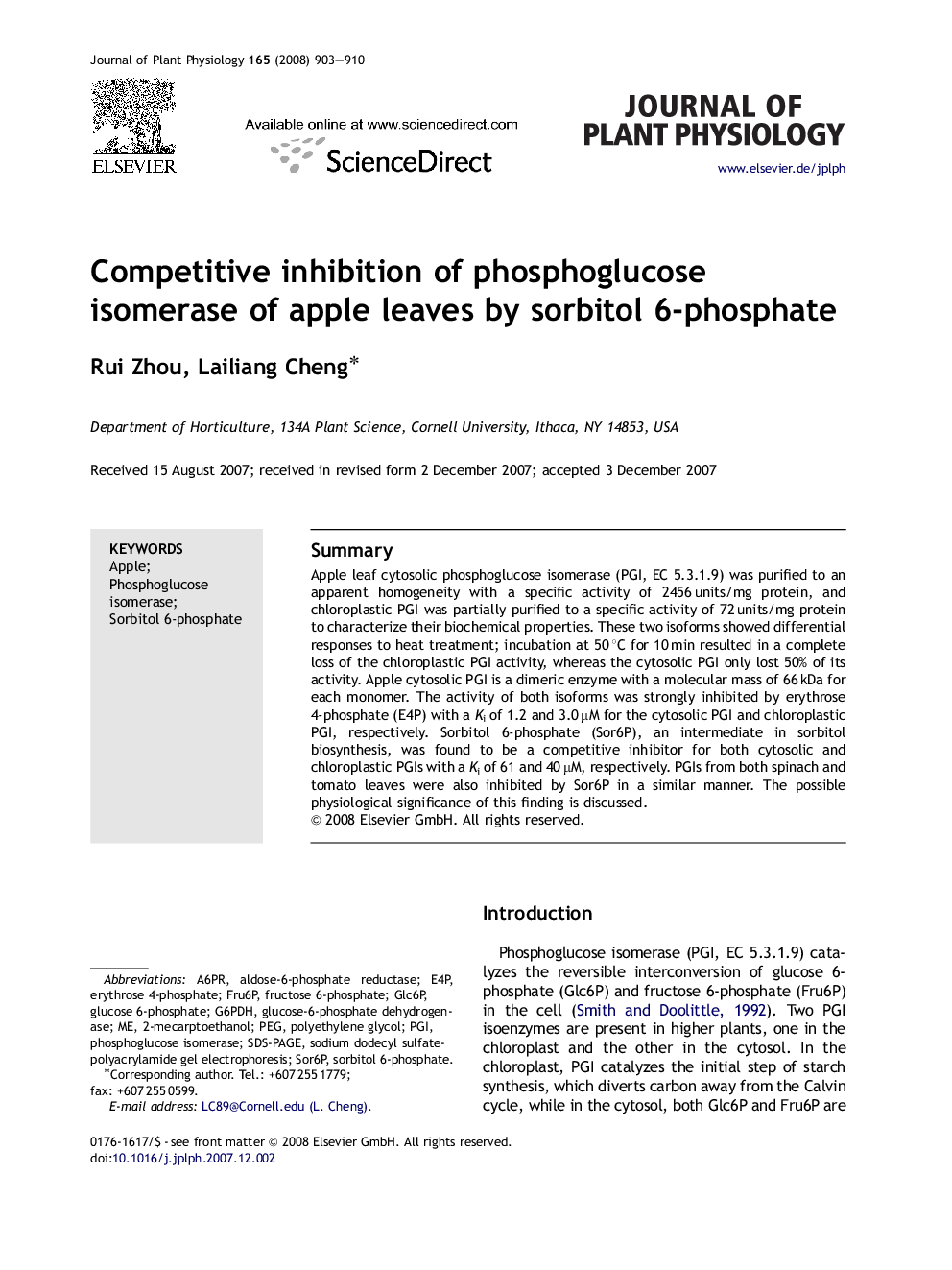 Competitive inhibition of phosphoglucose isomerase of apple leaves by sorbitol 6-phosphate