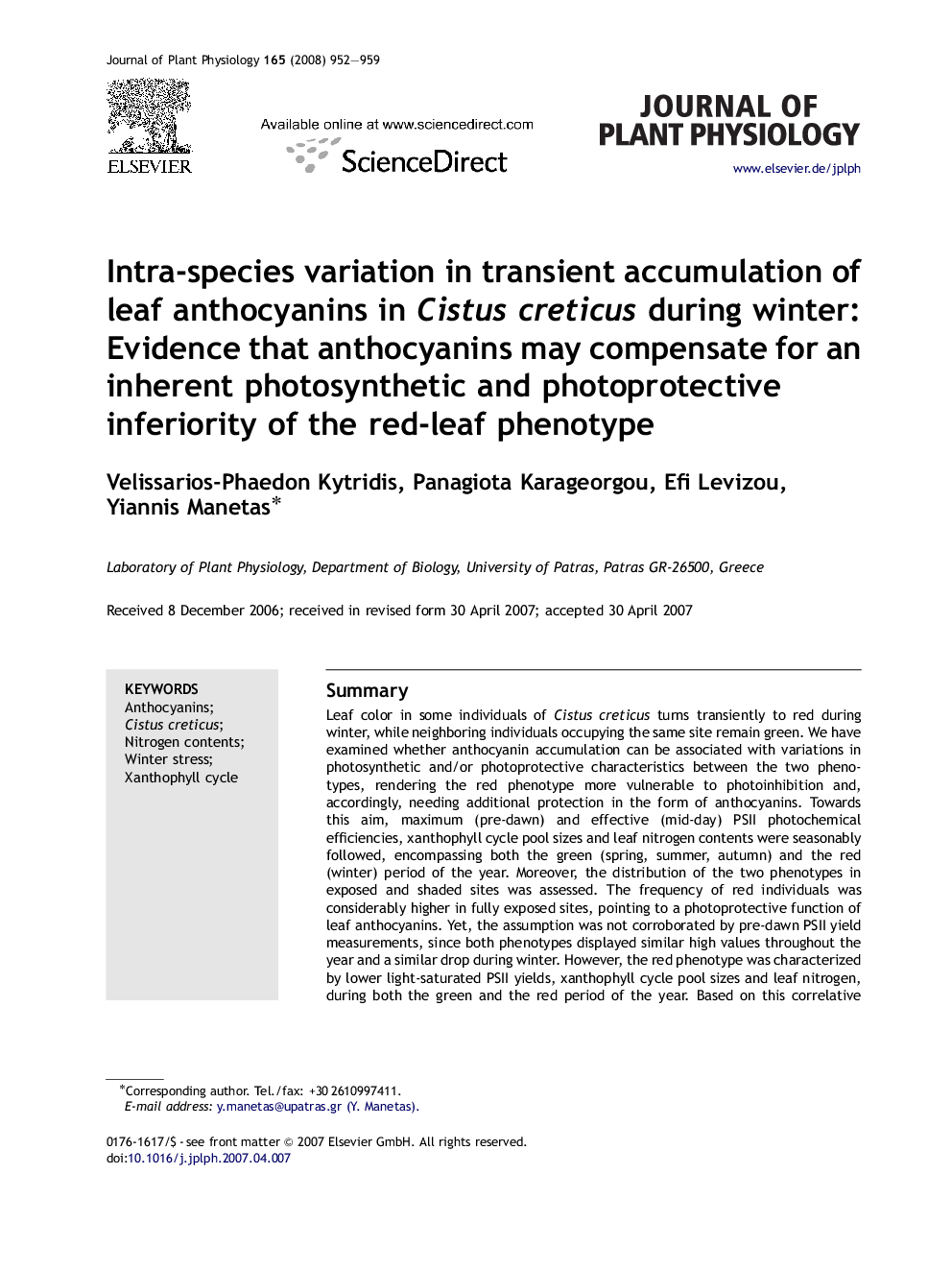 Intra-species variation in transient accumulation of leaf anthocyanins in Cistus creticus during winter: Evidence that anthocyanins may compensate for an inherent photosynthetic and photoprotective inferiority of the red-leaf phenotype