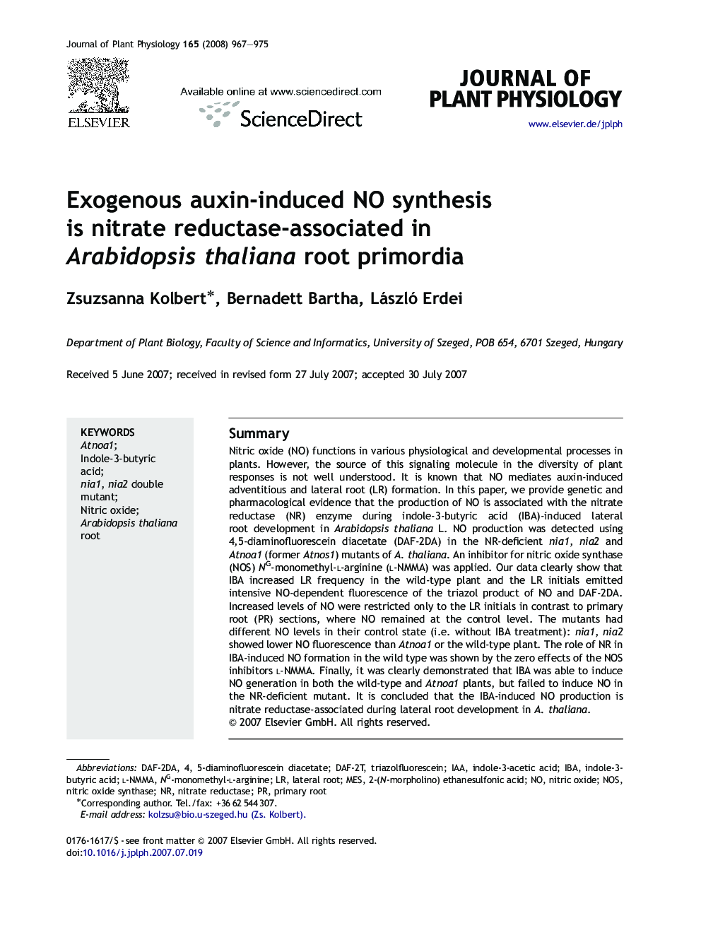 Exogenous auxin-induced NO synthesis is nitrate reductase-associated in Arabidopsis thaliana root primordia