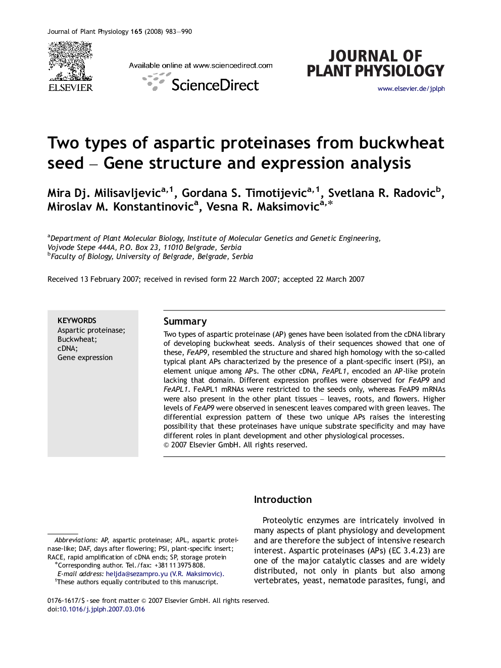 Two types of aspartic proteinases from buckwheat seed – Gene structure and expression analysis