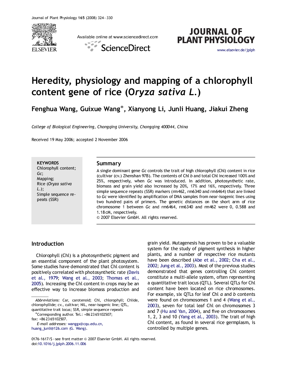 Heredity, physiology and mapping of a chlorophyll content gene of rice (Oryza sativa L.)