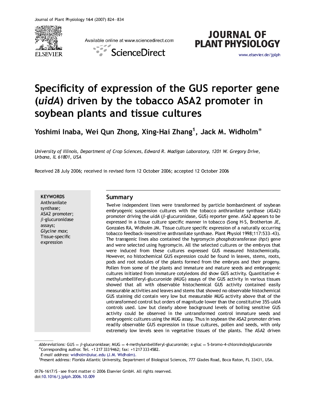 Specificity of expression of the GUS reporter gene (uidA) driven by the tobacco ASA2 promoter in soybean plants and tissue cultures