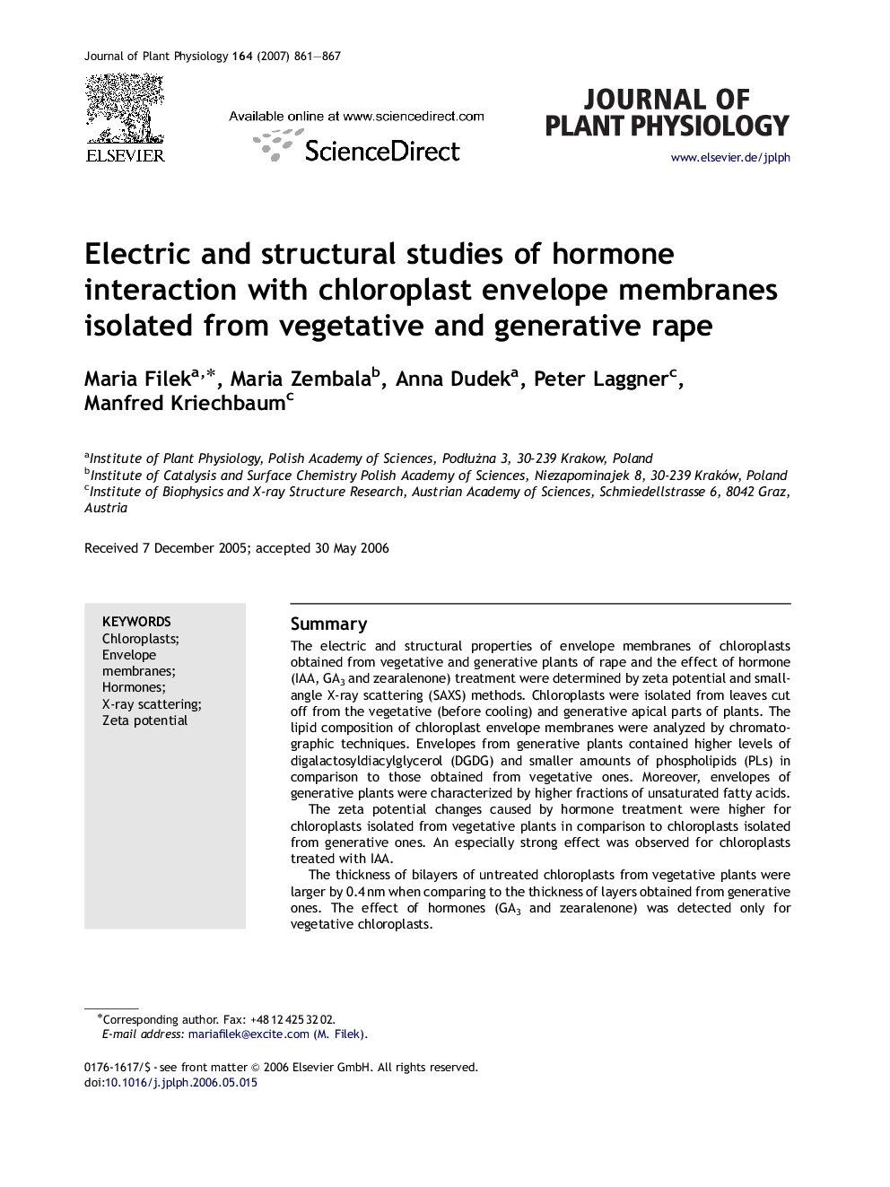 Electric and structural studies of hormone interaction with chloroplast envelope membranes isolated from vegetative and generative rape