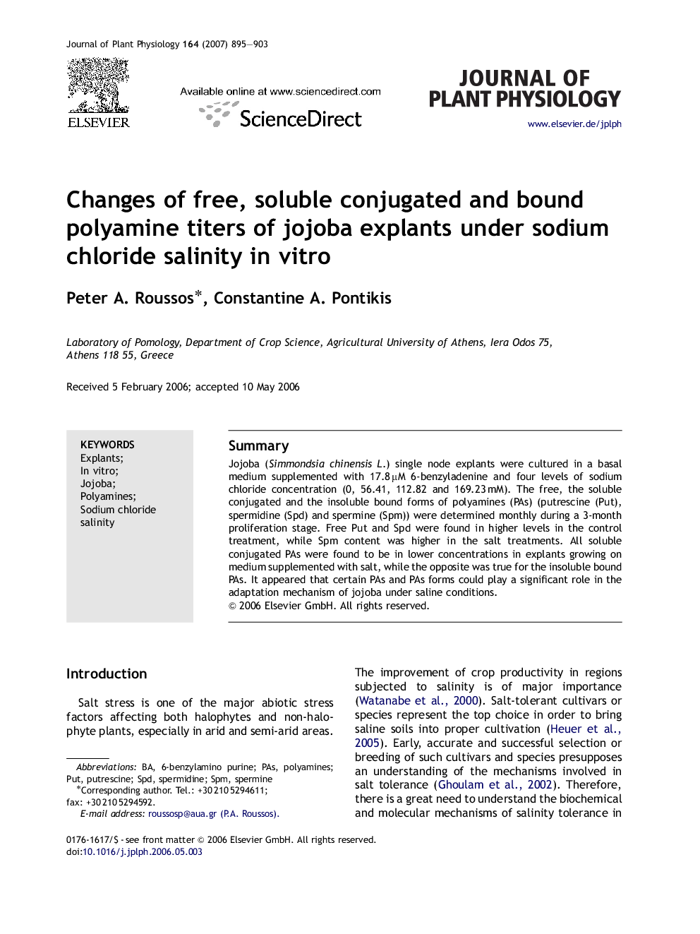 Changes of free, soluble conjugated and bound polyamine titers of jojoba explants under sodium chloride salinity in vitro