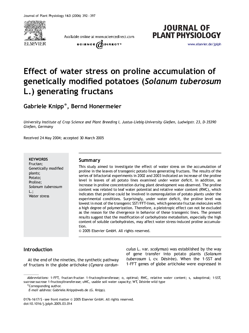 Effect of water stress on proline accumulation of genetically modified potatoes (Solanum tuberosum L.) generating fructans