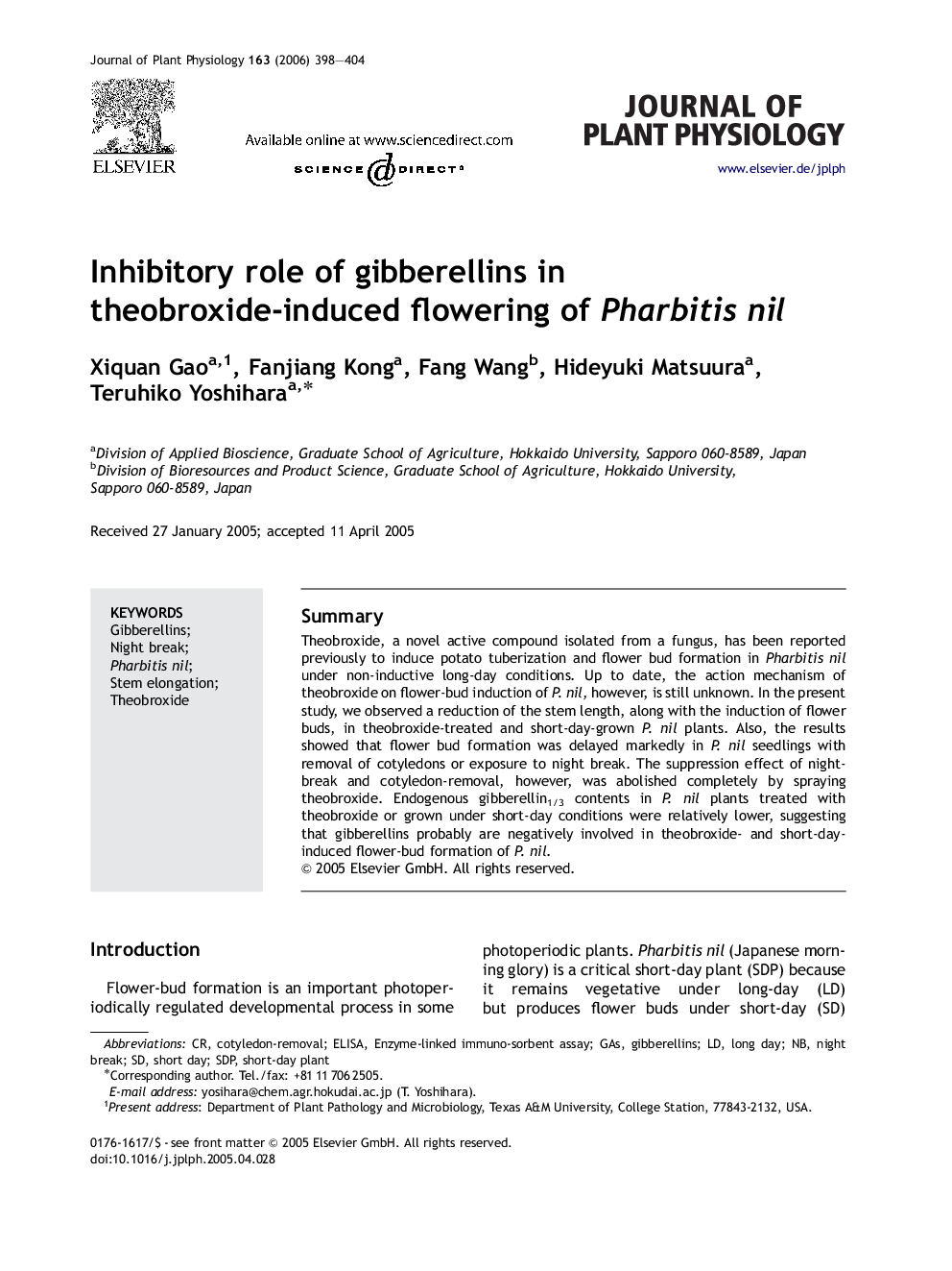 Inhibitory role of gibberellins in theobroxide-induced flowering of Pharbitis nil