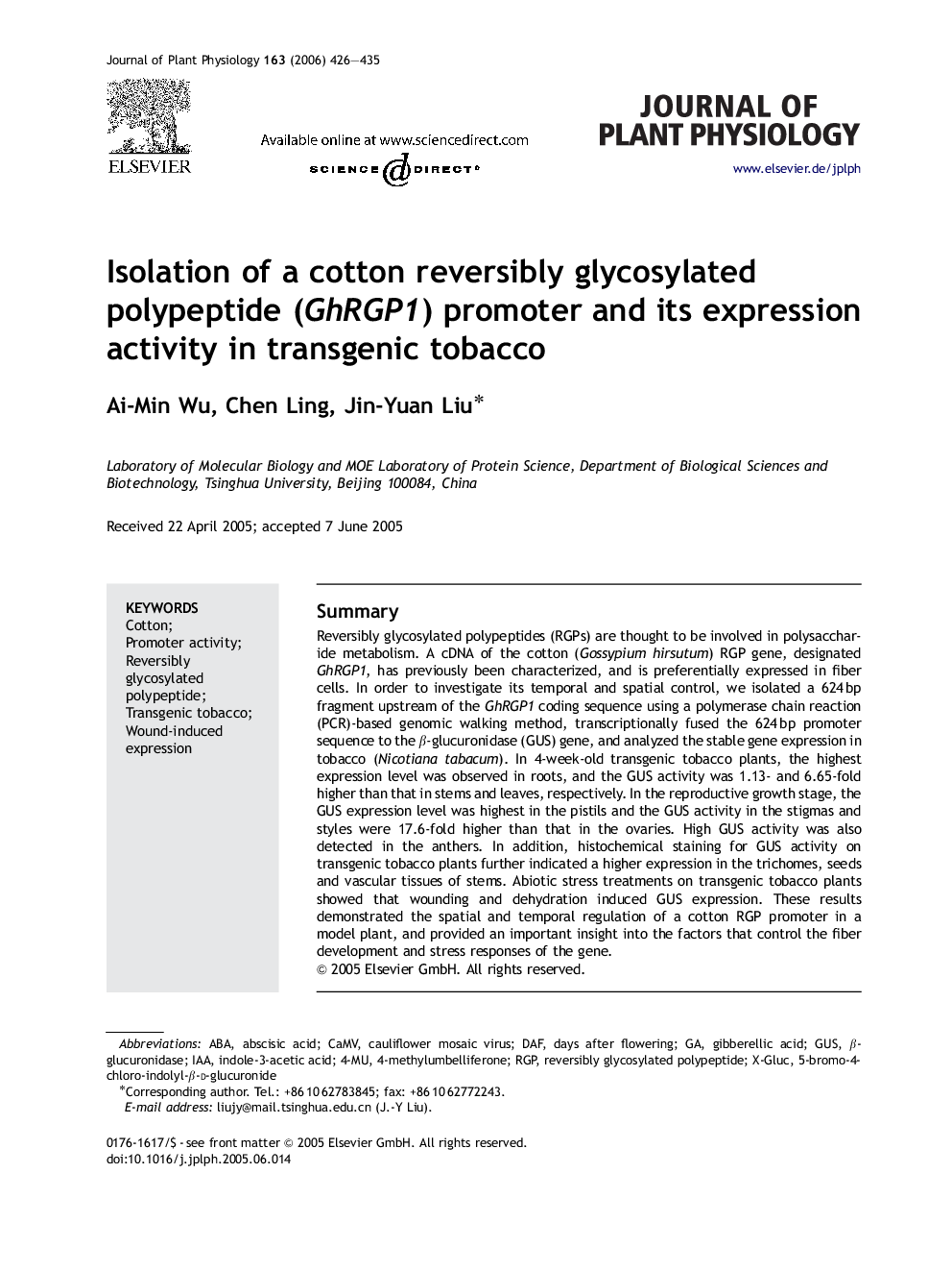 Isolation of a cotton reversibly glycosylated polypeptide (GhRGP1) promoter and its expression activity in transgenic tobacco