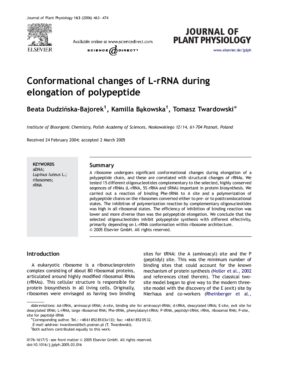 Conformational changes of L-rRNA during elongation of polypeptide