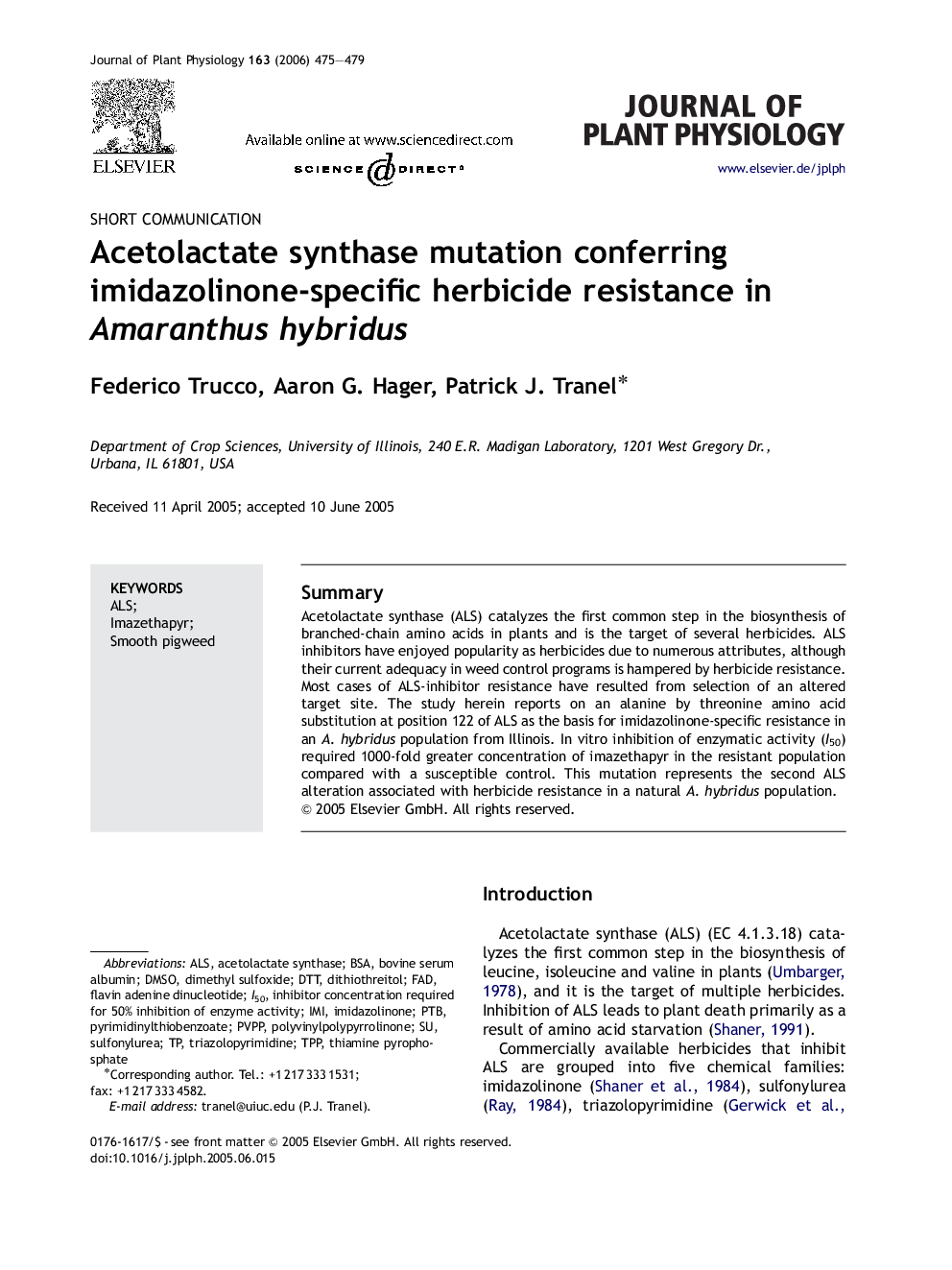 Acetolactate synthase mutation conferring imidazolinone-specific herbicide resistance in Amaranthus hybridus