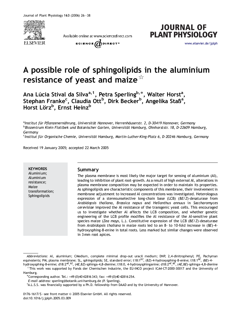 A possible role of sphingolipids in the aluminium resistance of yeast and maize 