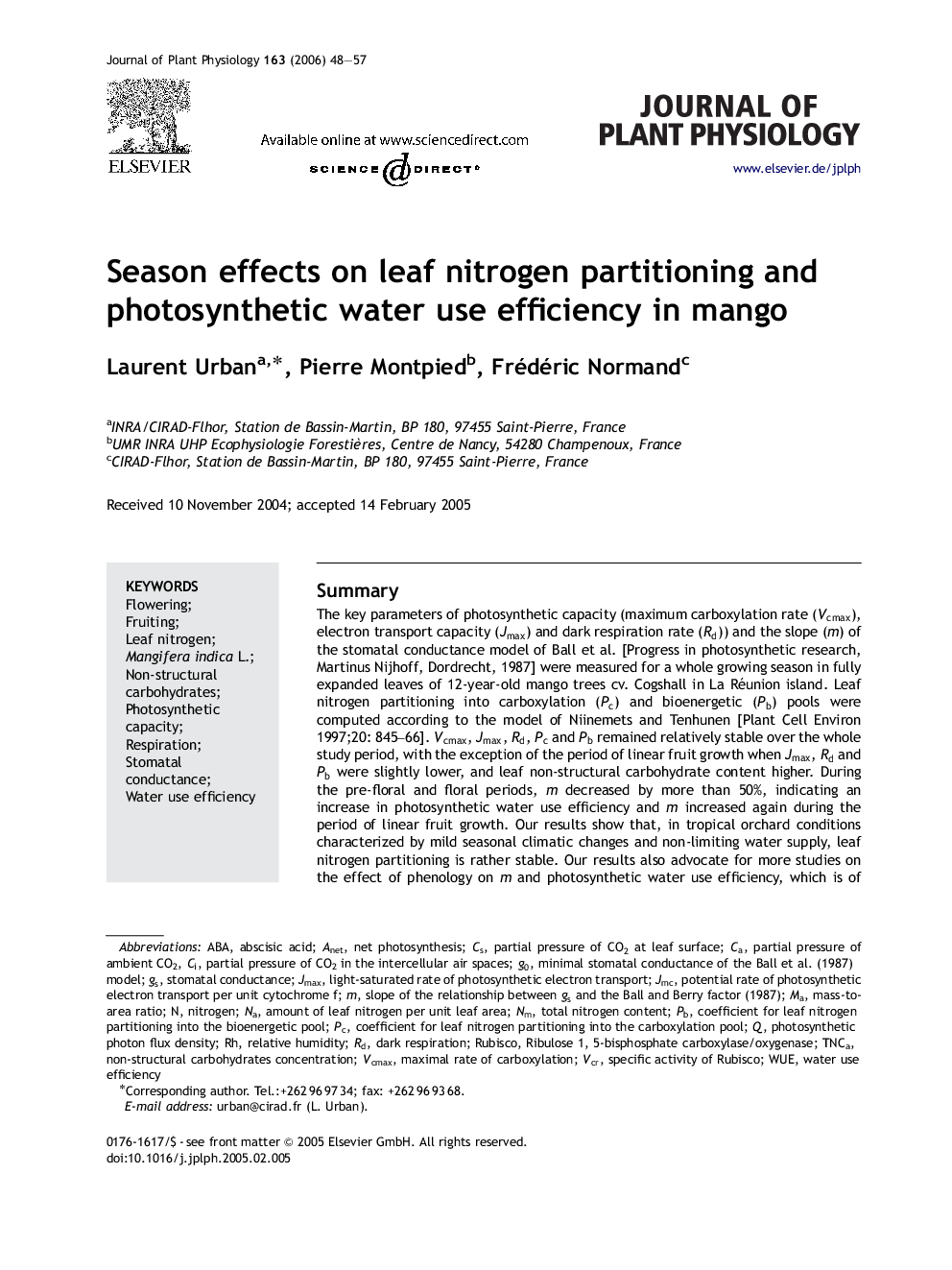 Season effects on leaf nitrogen partitioning and photosynthetic water use efficiency in mango