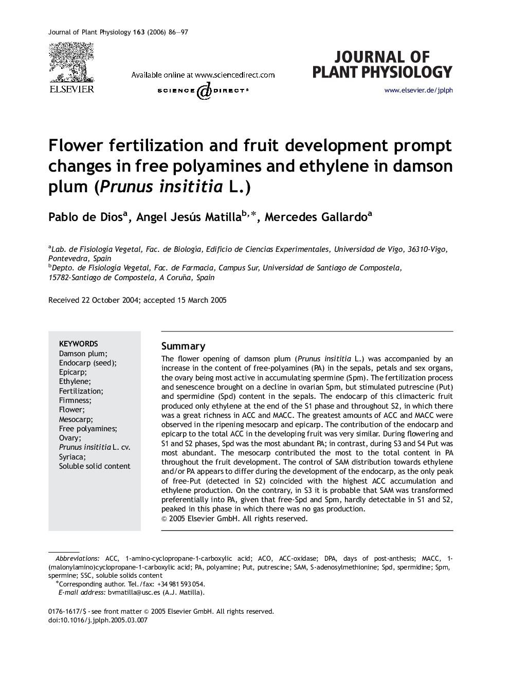 Flower fertilization and fruit development prompt changes in free polyamines and ethylene in damson plum (Prunus insititia L.)