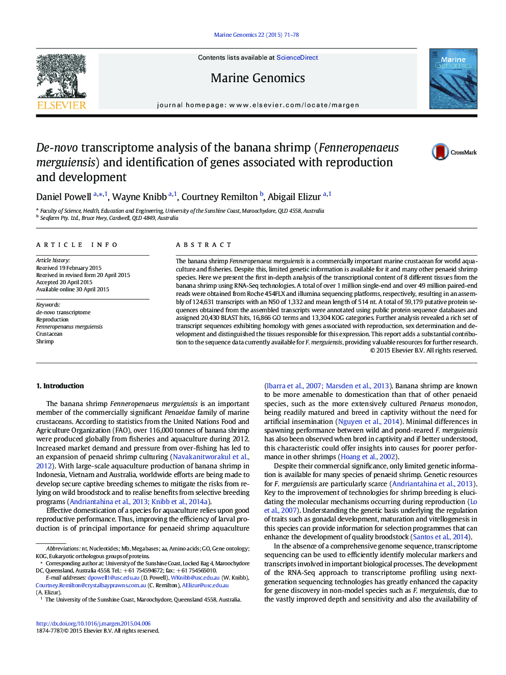 De-novo transcriptome analysis of the banana shrimp (Fenneropenaeus merguiensis) and identification of genes associated with reproduction and development