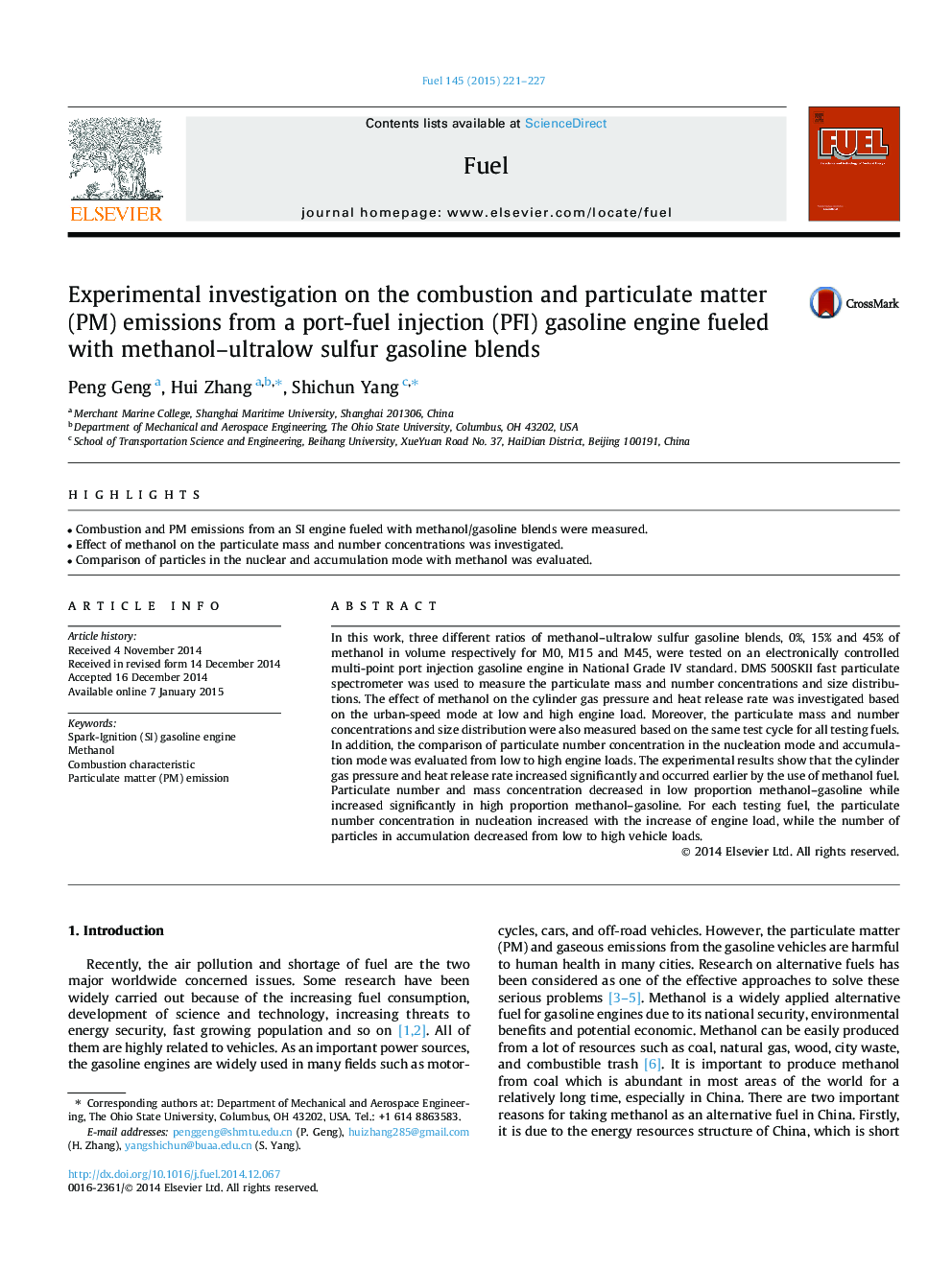 Experimental investigation on the combustion and particulate matter (PM) emissions from a port-fuel injection (PFI) gasoline engine fueled with methanol–ultralow sulfur gasoline blends