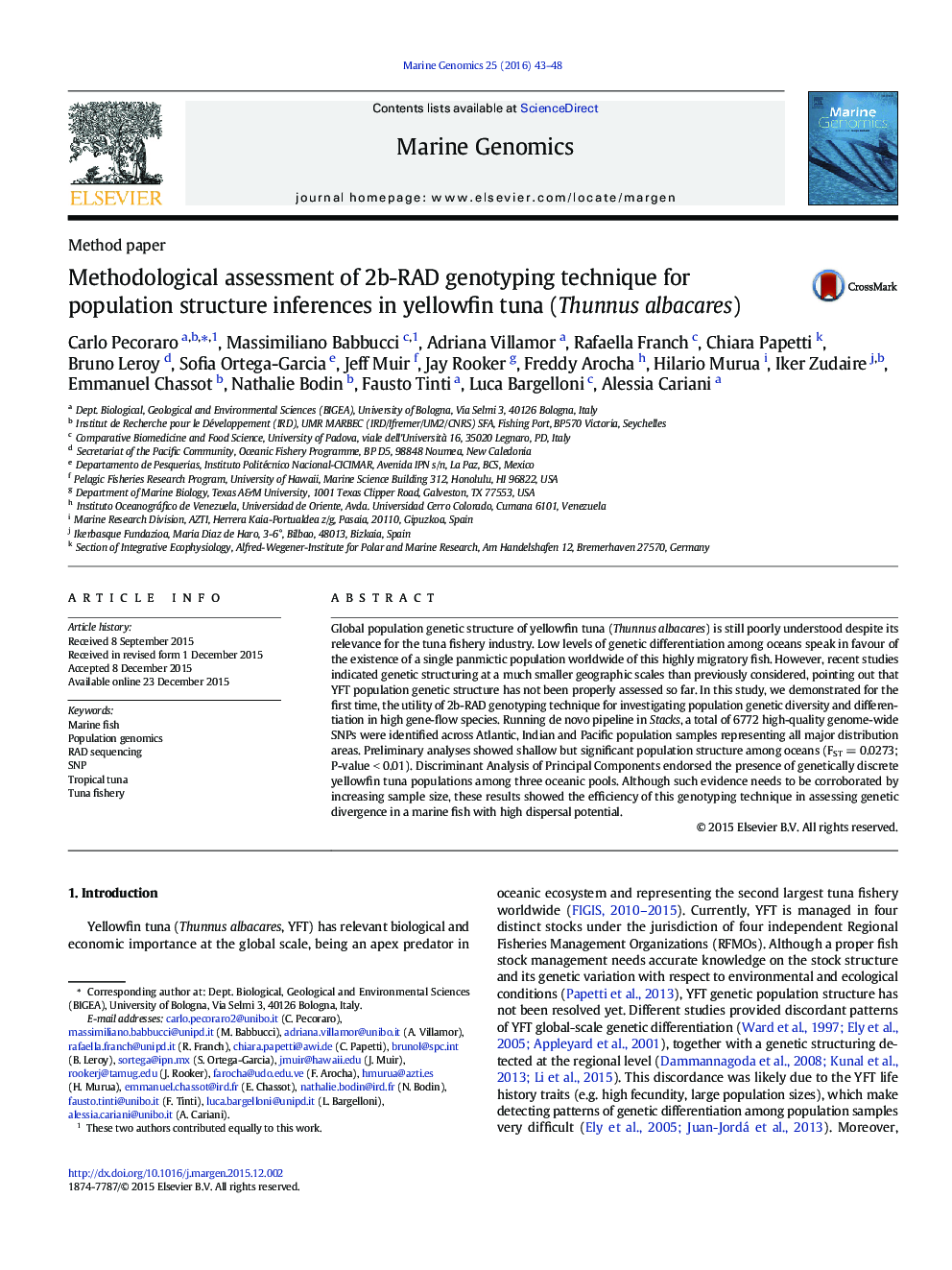 Methodological assessment of 2b-RAD genotyping technique for population structure inferences in yellowfin tuna (Thunnus albacares)