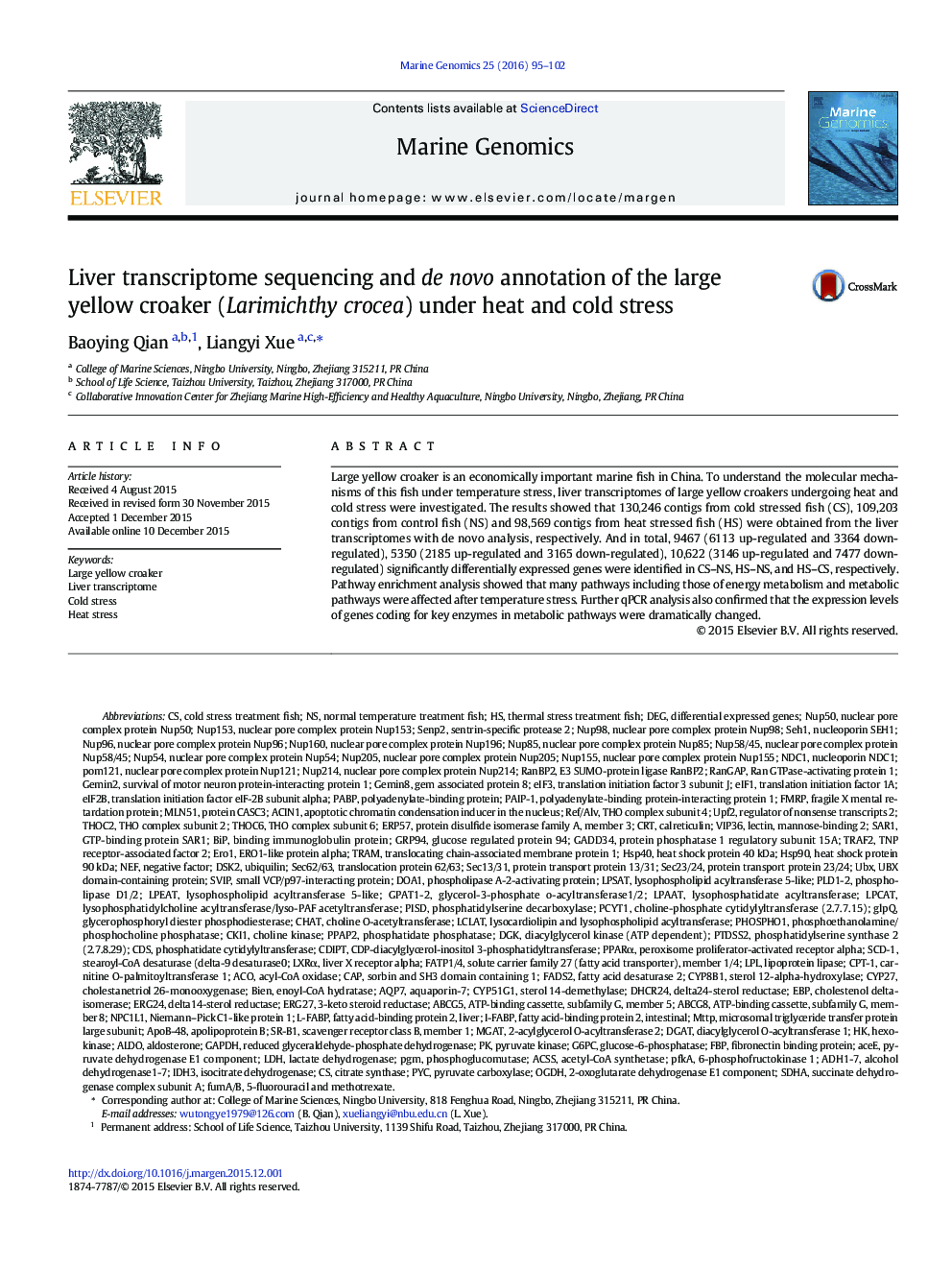 Liver transcriptome sequencing and de novo annotation of the large yellow croaker (Larimichthy crocea) under heat and cold stress