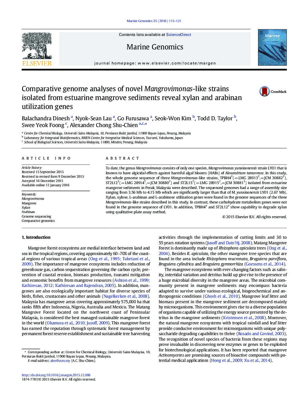 تجزیه و تحلیل ژنوم مقایسه ای از گونه های منگورویموناس جدید جدا شده از رسوبات مانگو های استوآرین نشان می دهد ژن های استفاده از زایلان و عربین 