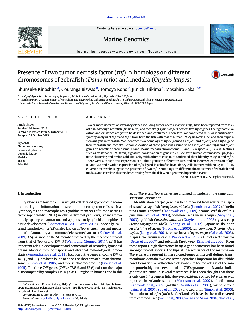 Presence of two tumor necrosis factor (tnf)-α homologs on different chromosomes of zebrafish (Danio rerio) and medaka (Oryzias latipes)