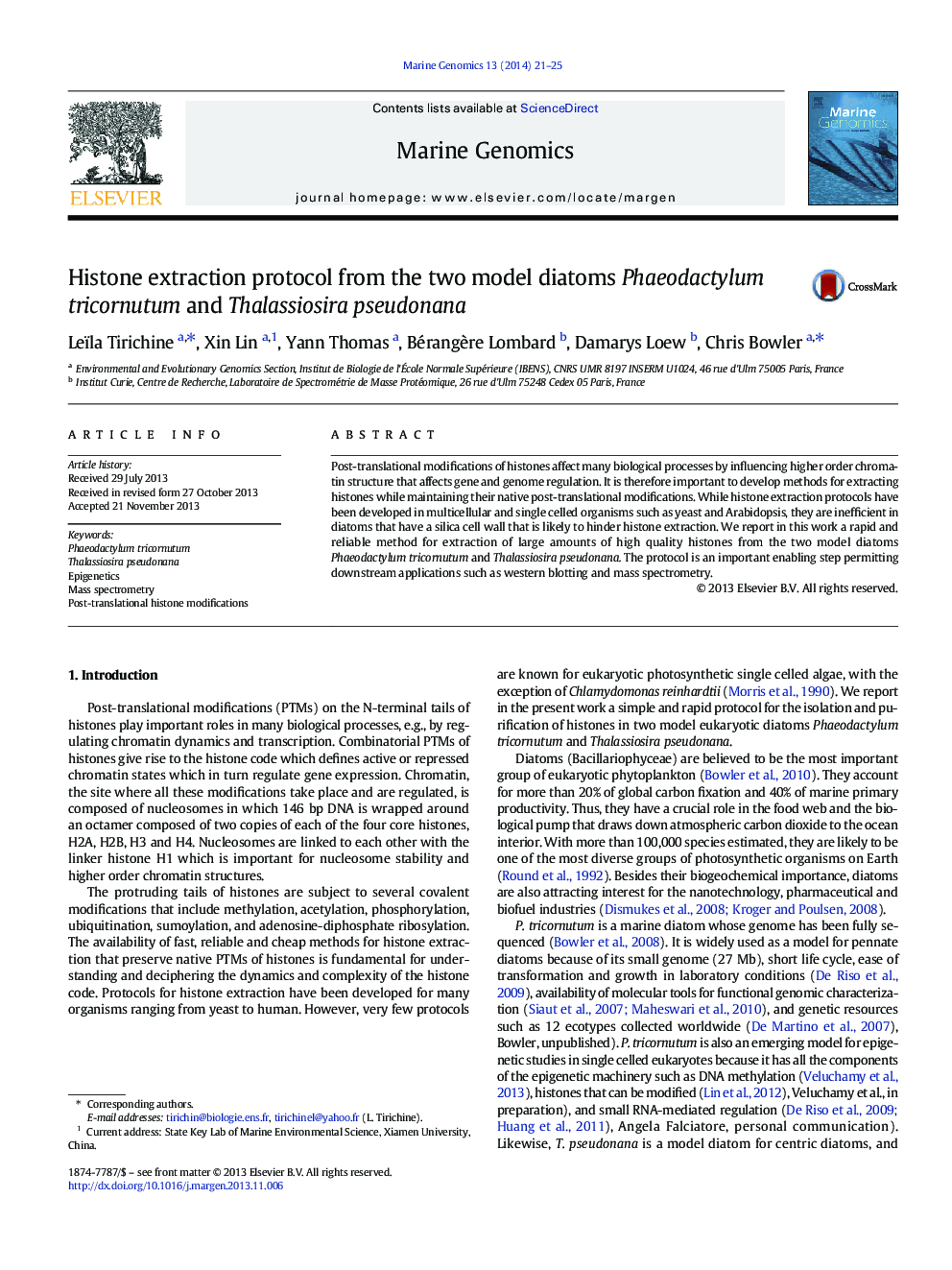 Histone extraction protocol from the two model diatoms Phaeodactylum tricornutum and Thalassiosira pseudonana