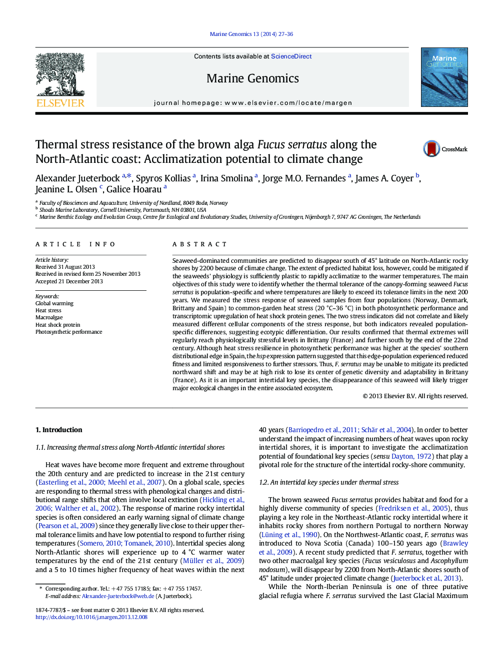 Thermal stress resistance of the brown alga Fucus serratus along the North-Atlantic coast: Acclimatization potential to climate change