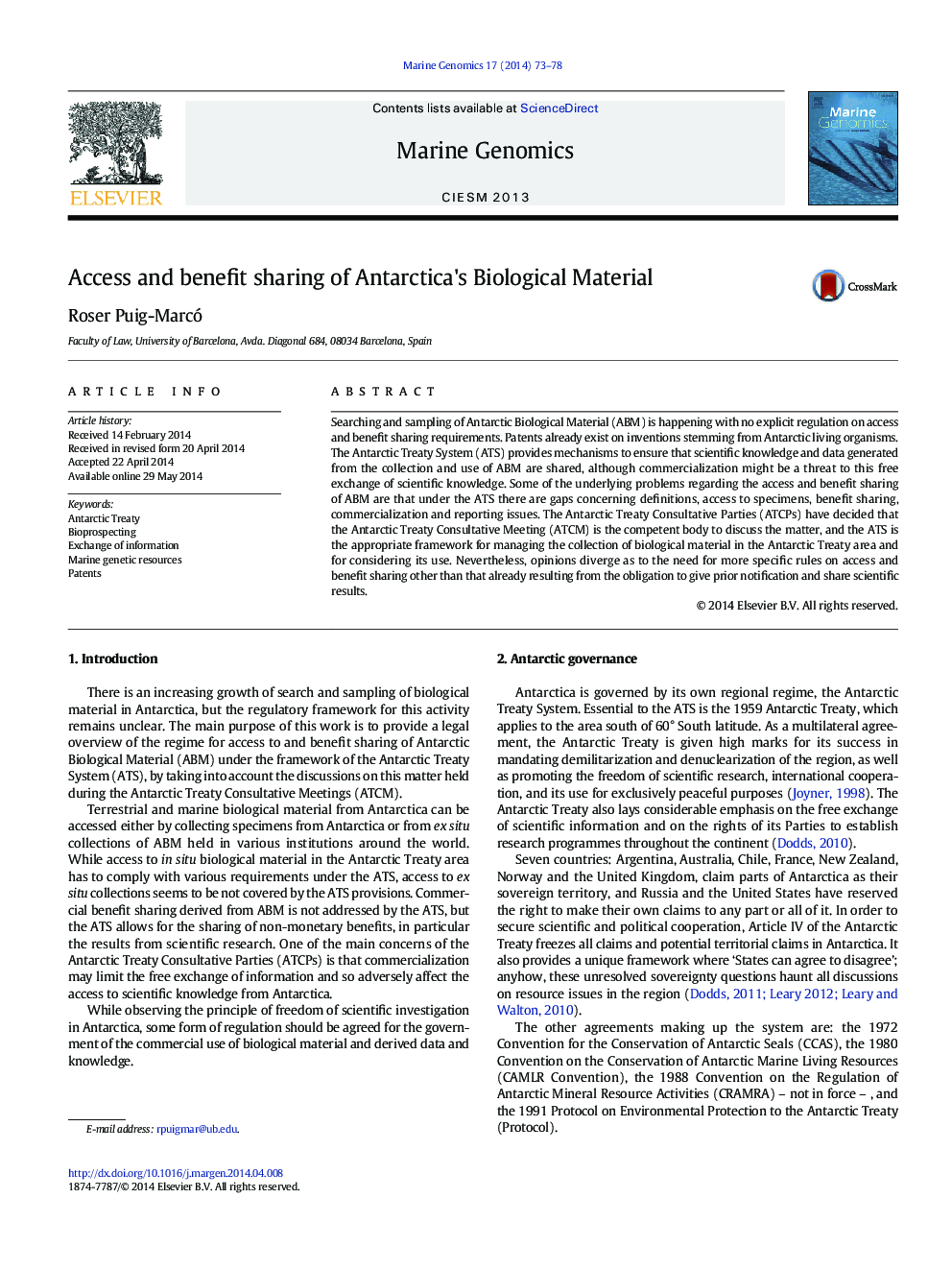 Access and benefit sharing of Antarctica's Biological Material