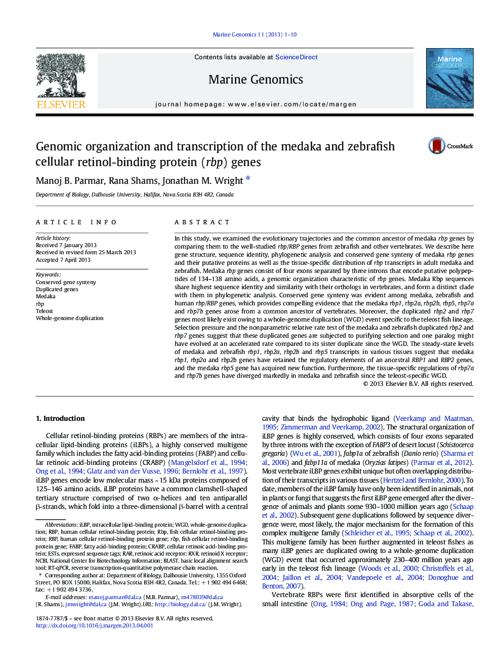 Genomic organization and transcription of the medaka and zebrafish cellular retinol-binding protein (rbp) genes