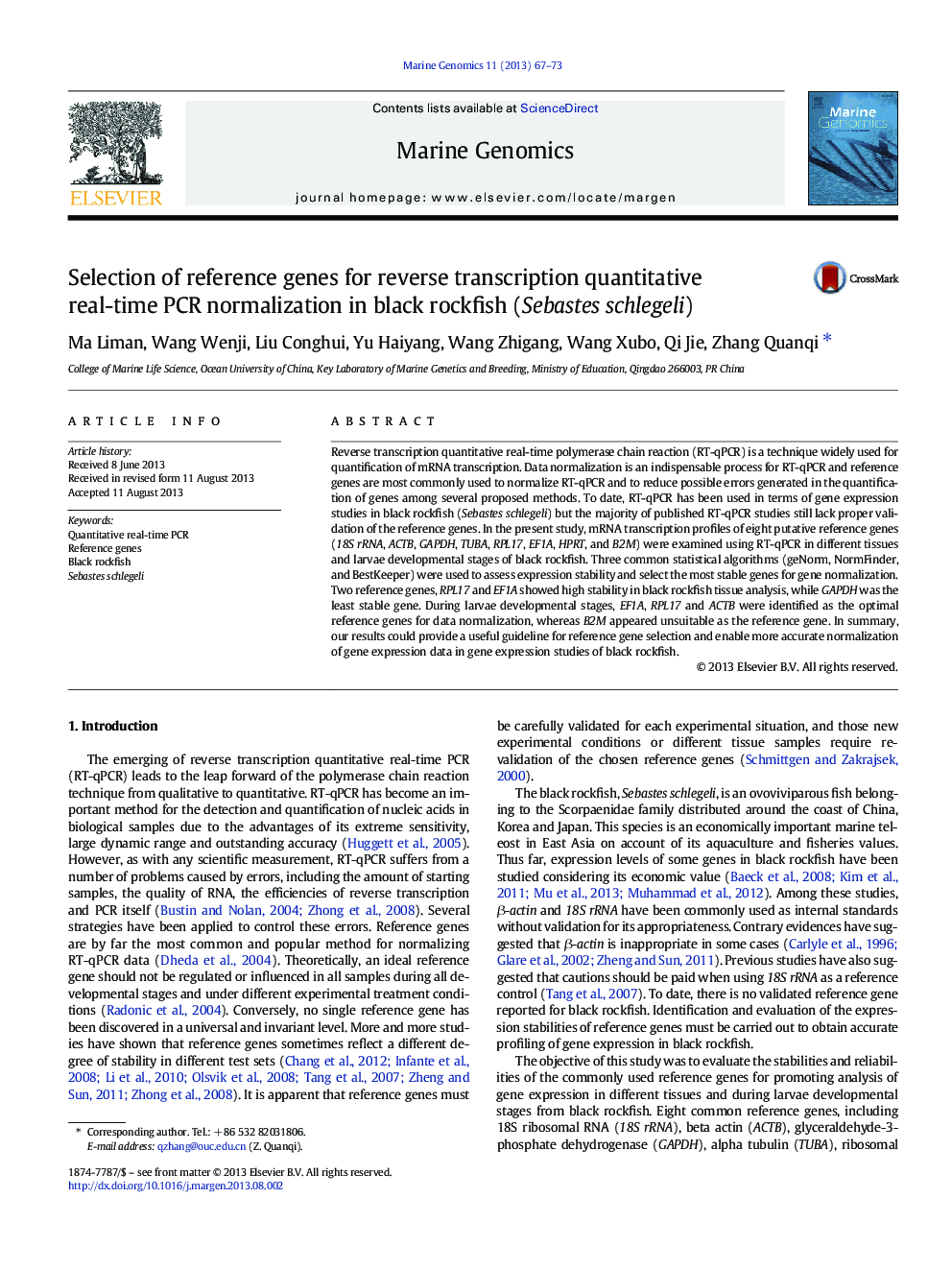 Selection of reference genes for reverse transcription quantitative real-time PCR normalization in black rockfish (Sebastes schlegeli)