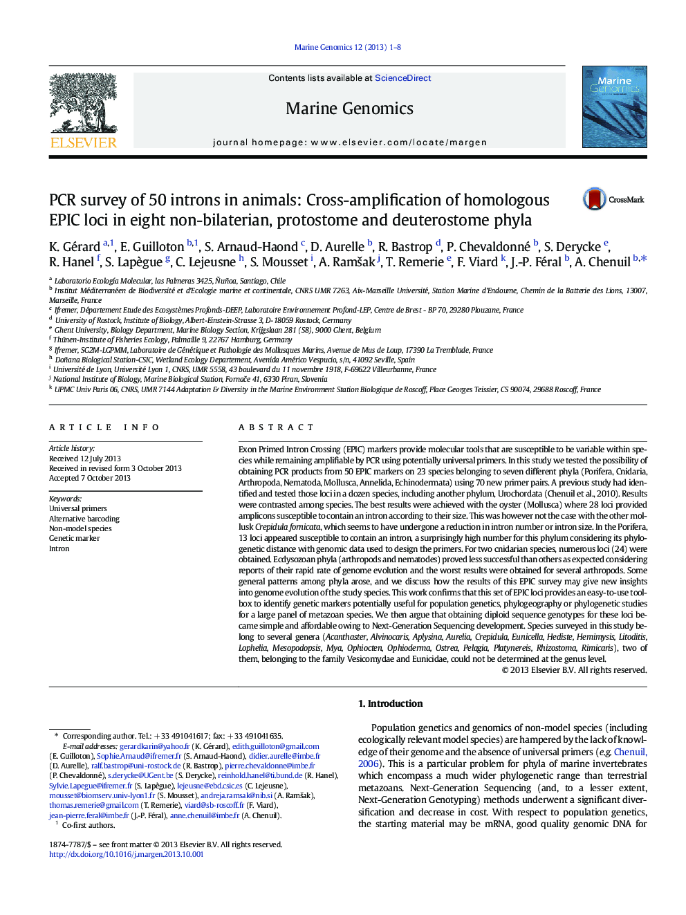 PCR survey of 50 introns in animals: Cross-amplification of homologous EPIC loci in eight non-bilaterian, protostome and deuterostome phyla