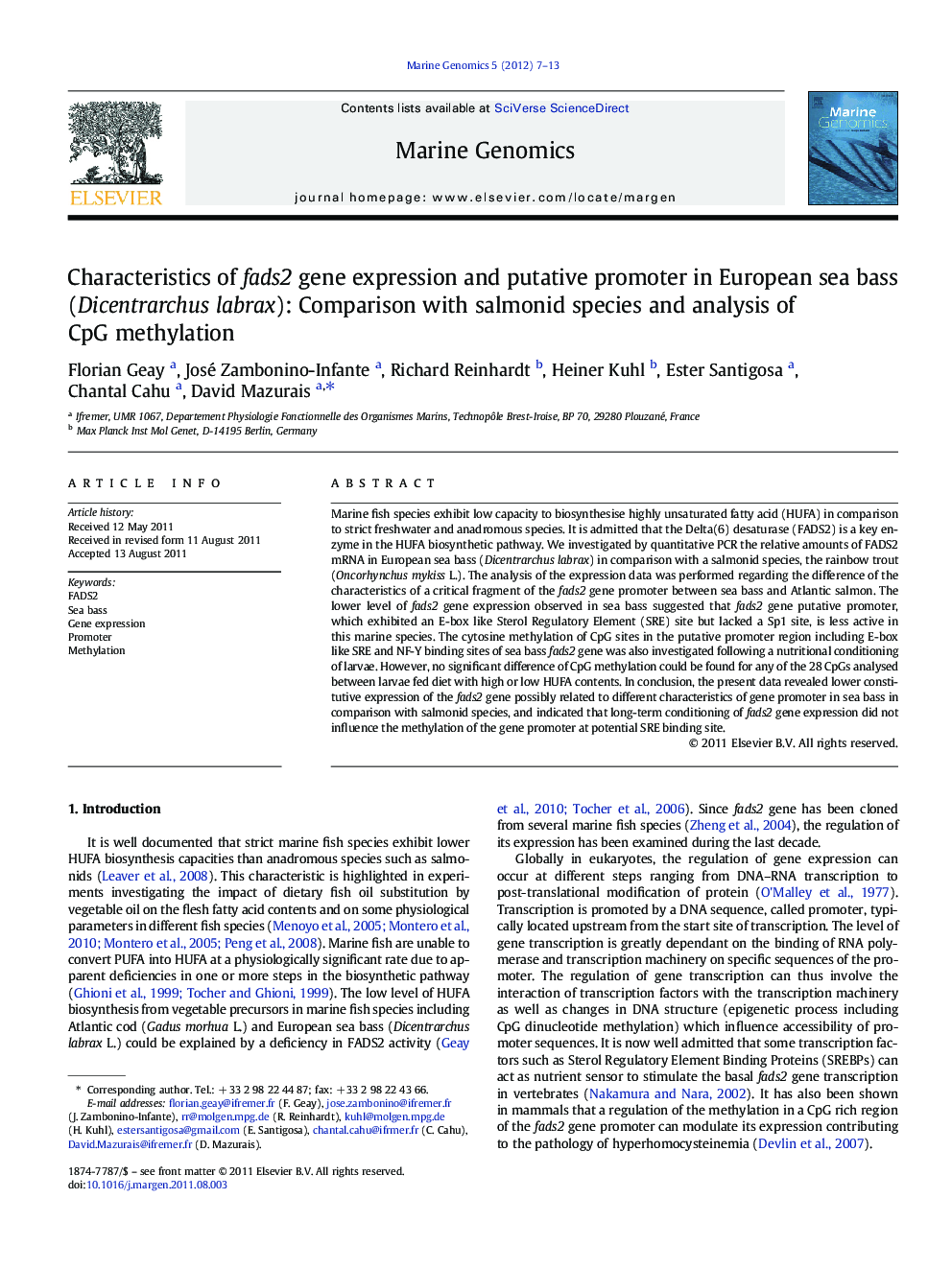 Characteristics of fads2 gene expression and putative promoter in European sea bass (Dicentrarchus labrax): Comparison with salmonid species and analysis of CpG methylation