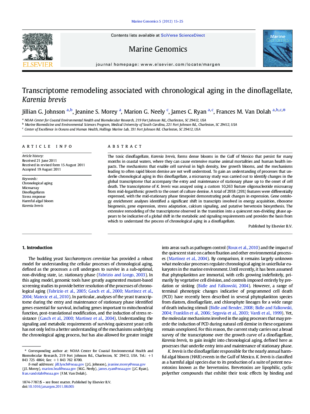 Transcriptome remodeling associated with chronological aging in the dinoflagellate, Karenia brevis