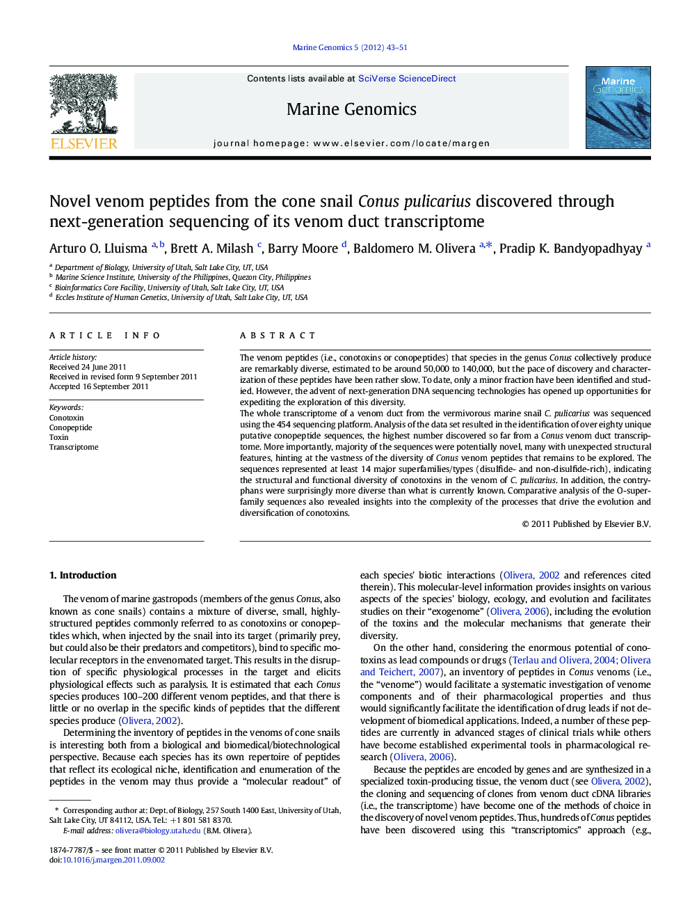 Novel venom peptides from the cone snail Conus pulicarius discovered through next-generation sequencing of its venom duct transcriptome