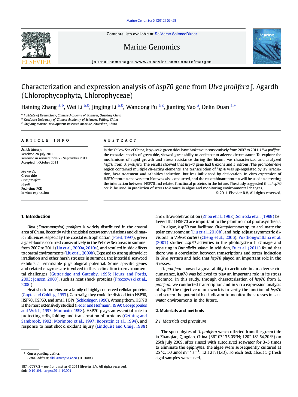 Characterization and expression analysis of hsp70 gene from Ulva prolifera J. Agardh (Chlorophycophyta, Chlorophyceae)