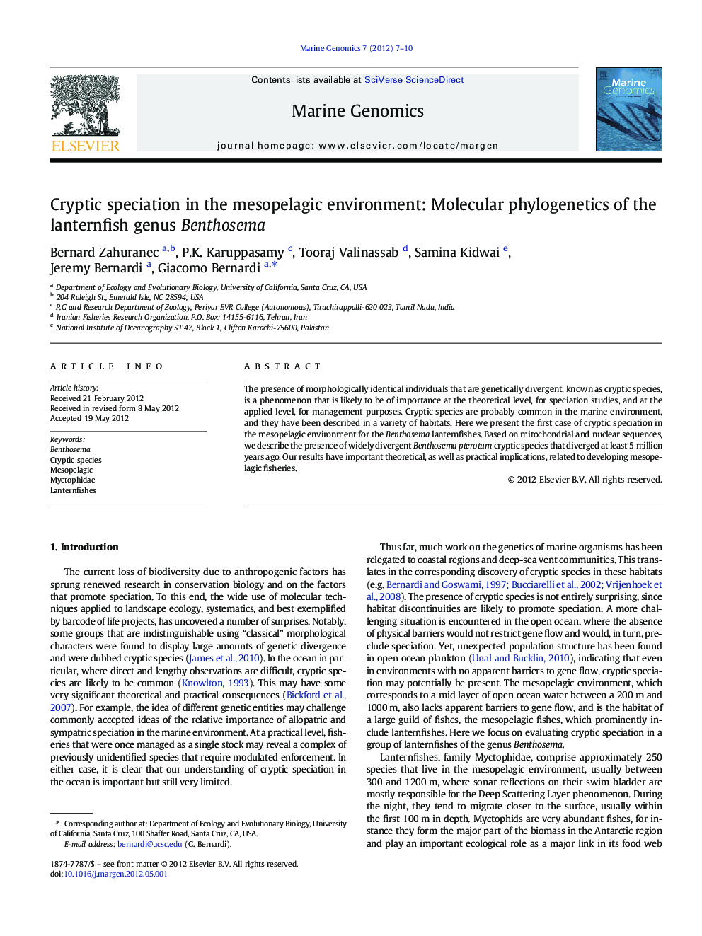 Cryptic speciation in the mesopelagic environment: Molecular phylogenetics of the lanternfish genus Benthosema