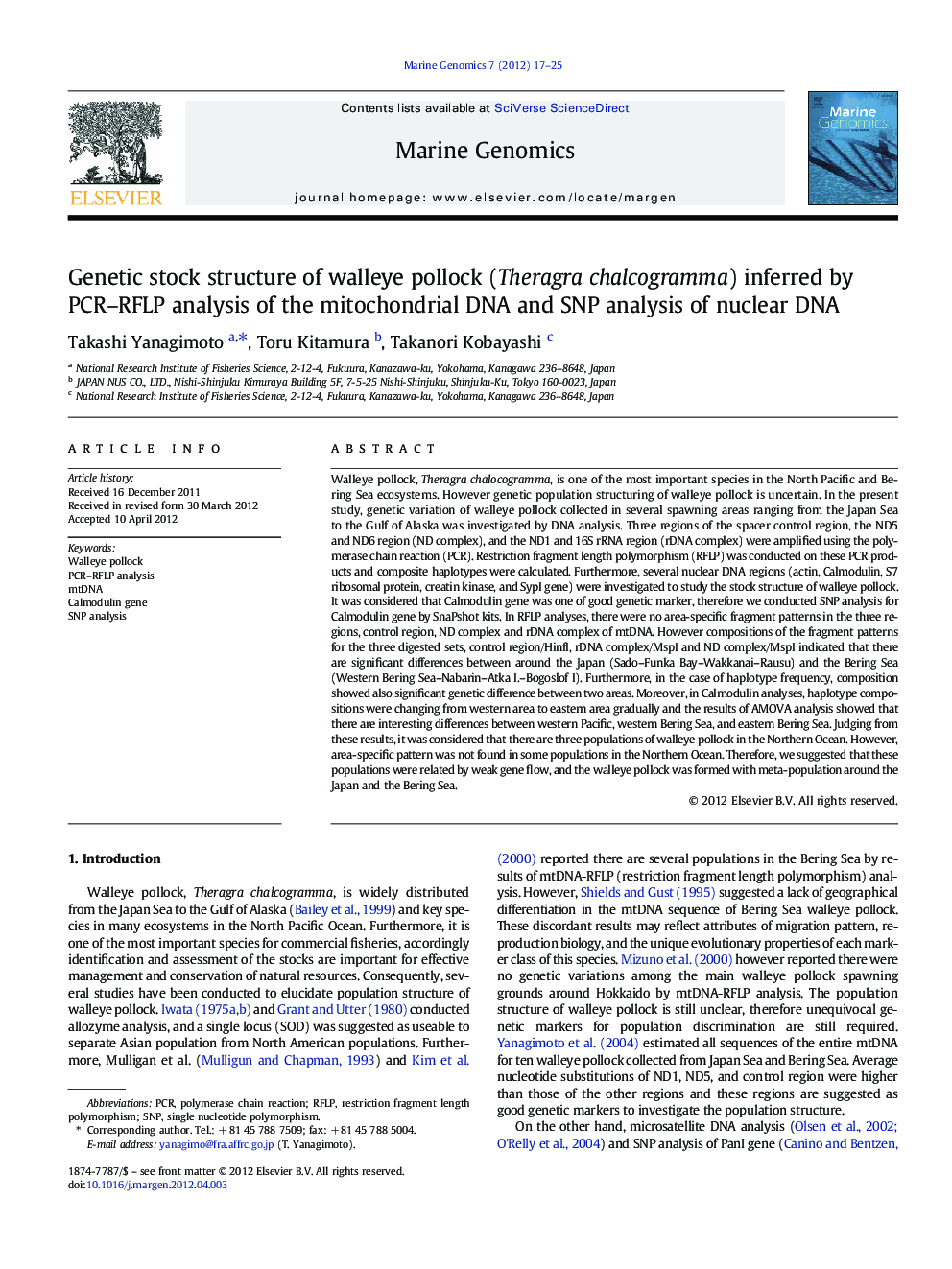Genetic stock structure of walleye pollock (Theragra chalcogramma) inferred by PCR–RFLP analysis of the mitochondrial DNA and SNP analysis of nuclear DNA