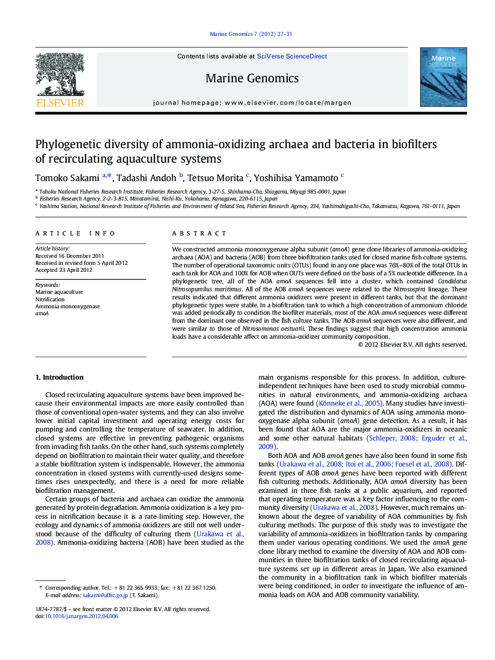 Phylogenetic diversity of ammonia-oxidizing archaea and bacteria in biofilters of recirculating aquaculture systems