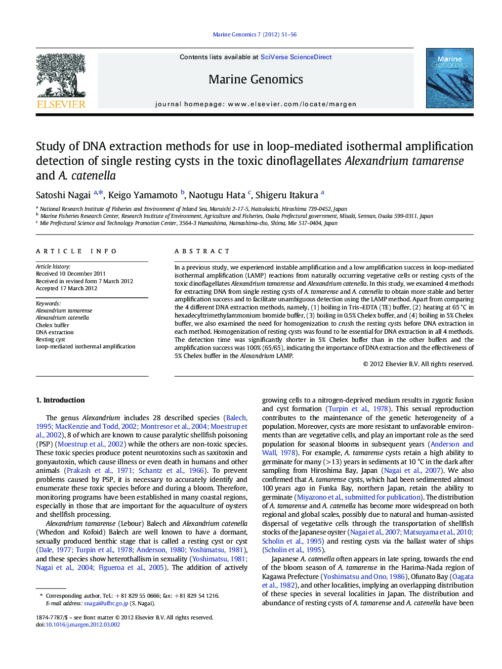 Study of DNA extraction methods for use in loop-mediated isothermal amplification detection of single resting cysts in the toxic dinoflagellates Alexandrium tamarense and A. catenella