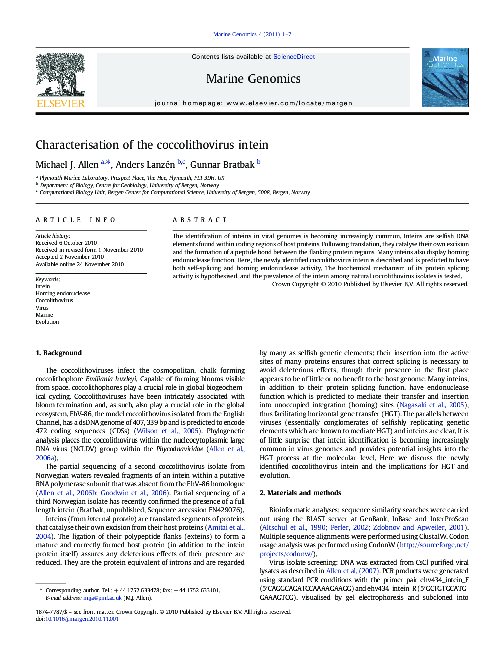 Characterisation of the coccolithovirus intein