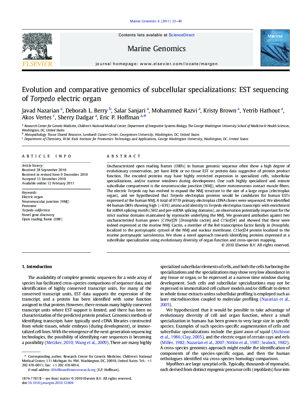 Evolution and comparative genomics of subcellular specializations: EST sequencing of Torpedo electric organ