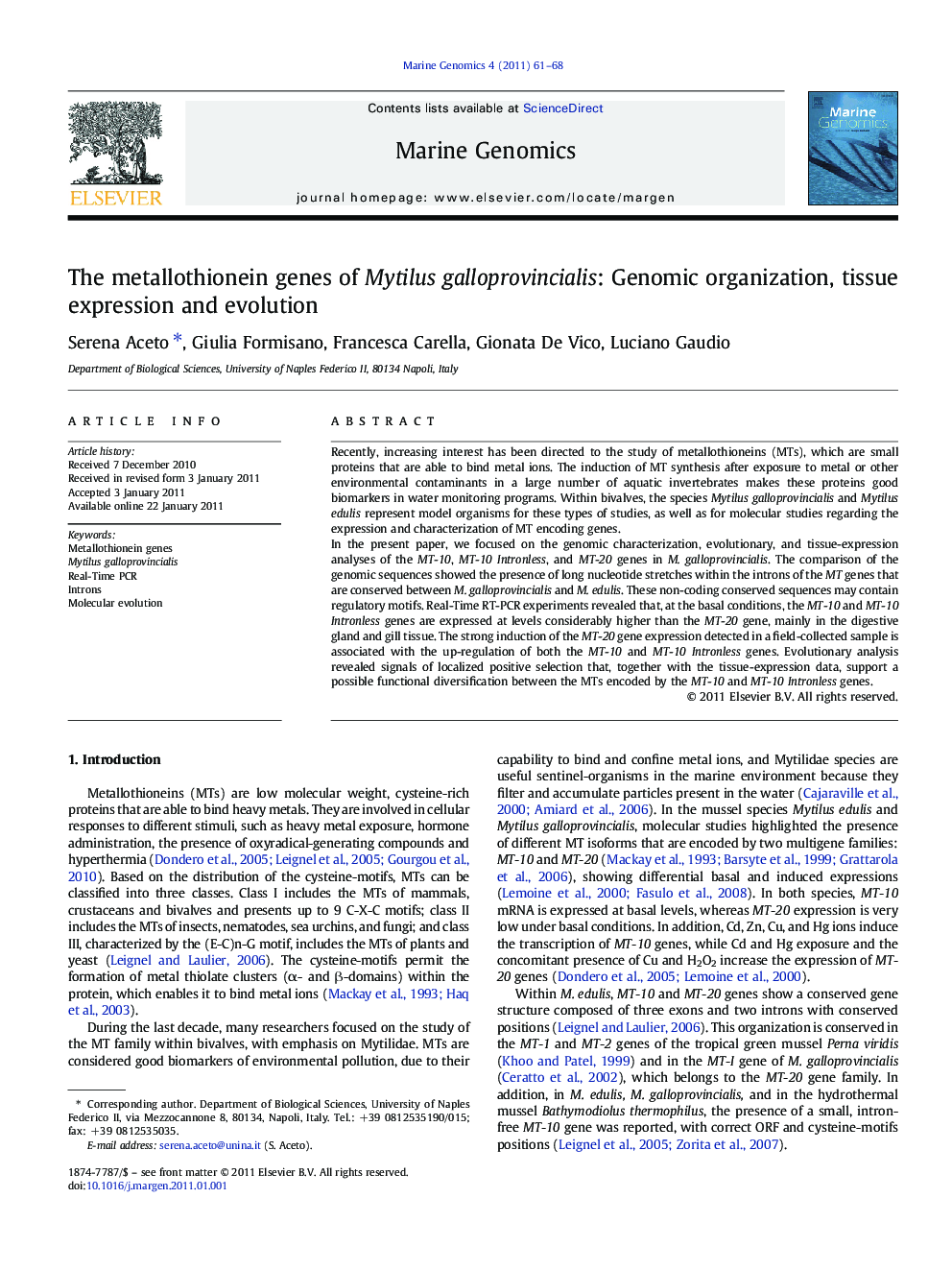 The metallothionein genes of Mytilus galloprovincialis: Genomic organization, tissue expression and evolution