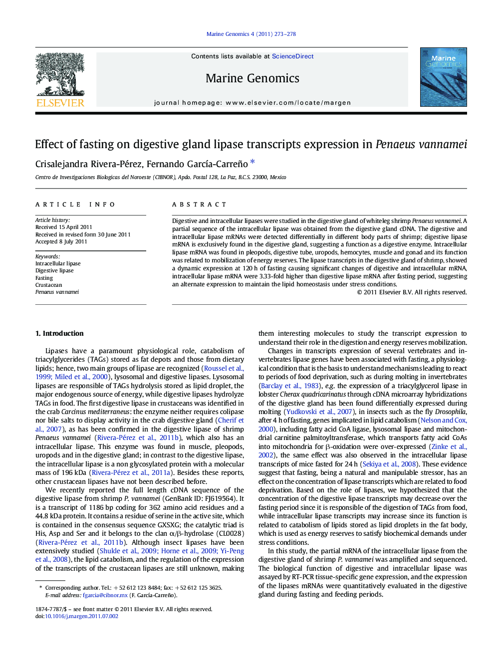 Effect of fasting on digestive gland lipase transcripts expression in Penaeus vannamei