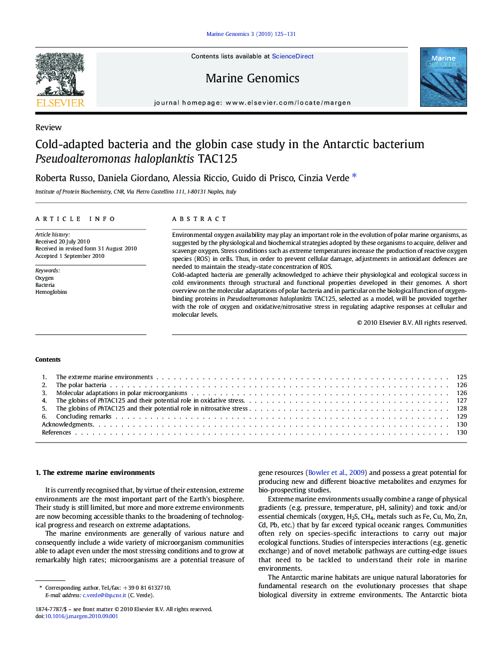 Cold-adapted bacteria and the globin case study in the Antarctic bacterium Pseudoalteromonas haloplanktis TAC125