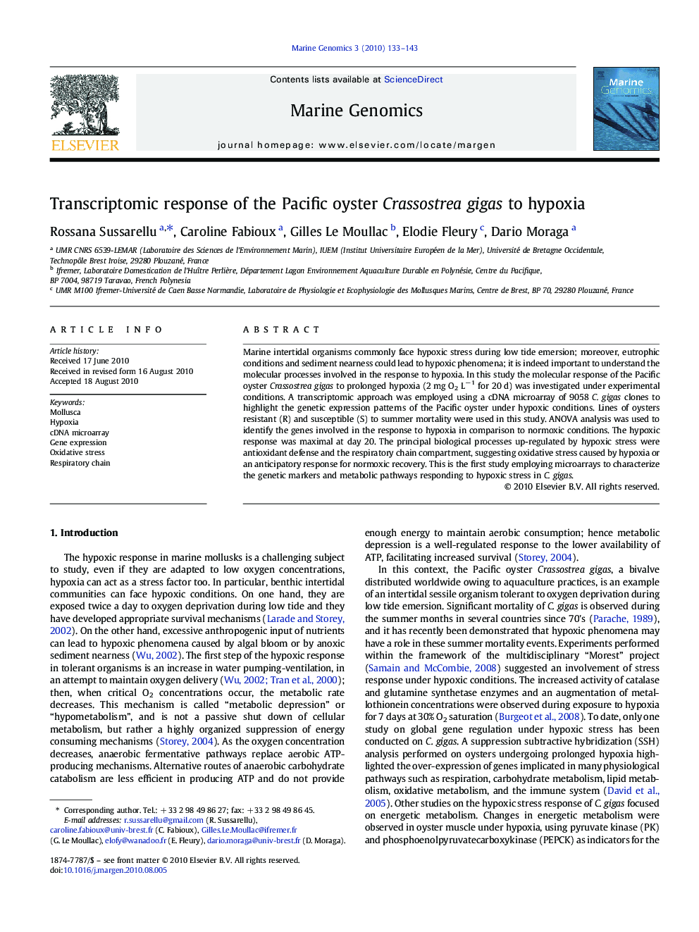 Transcriptomic response of the Pacific oyster Crassostrea gigas to hypoxia
