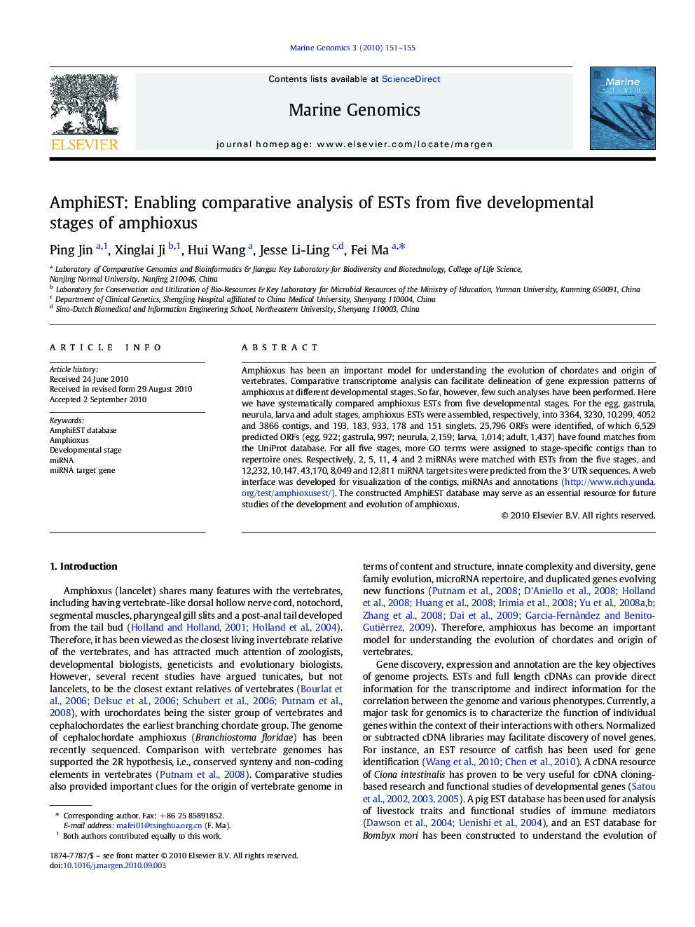 AmphiEST: Enabling comparative analysis of ESTs from five developmental stages of amphioxus