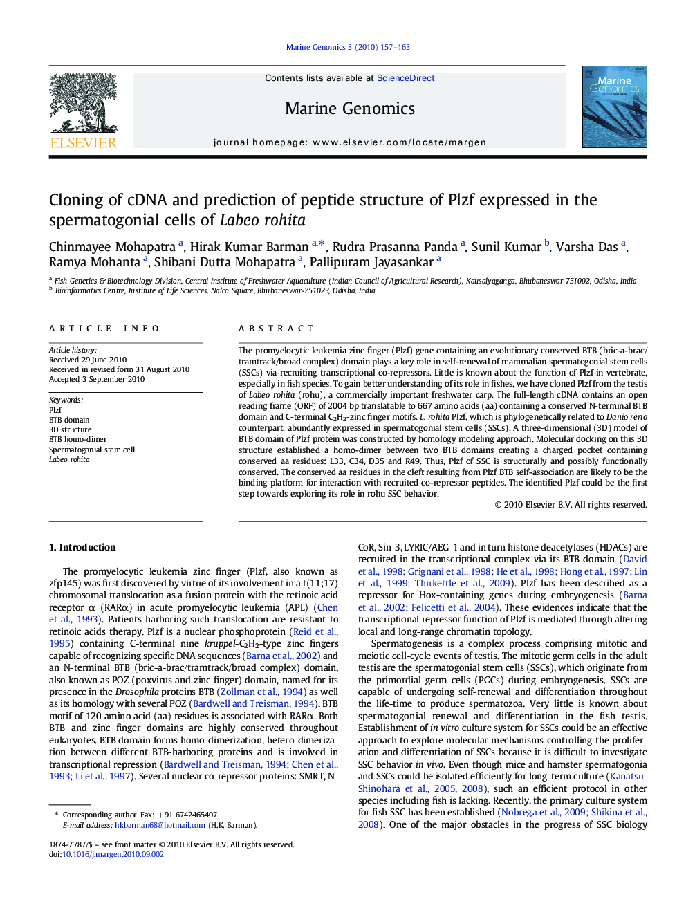 Cloning of cDNA and prediction of peptide structure of Plzf expressed in the spermatogonial cells of Labeo rohita