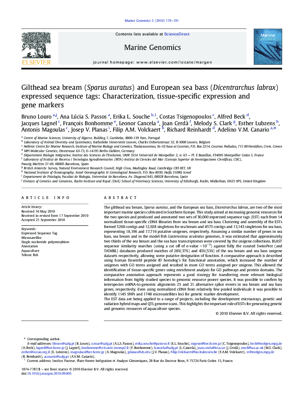 Gilthead sea bream (Sparus auratus) and European sea bass (Dicentrarchus labrax) expressed sequence tags: Characterization, tissue-specific expression and gene markers