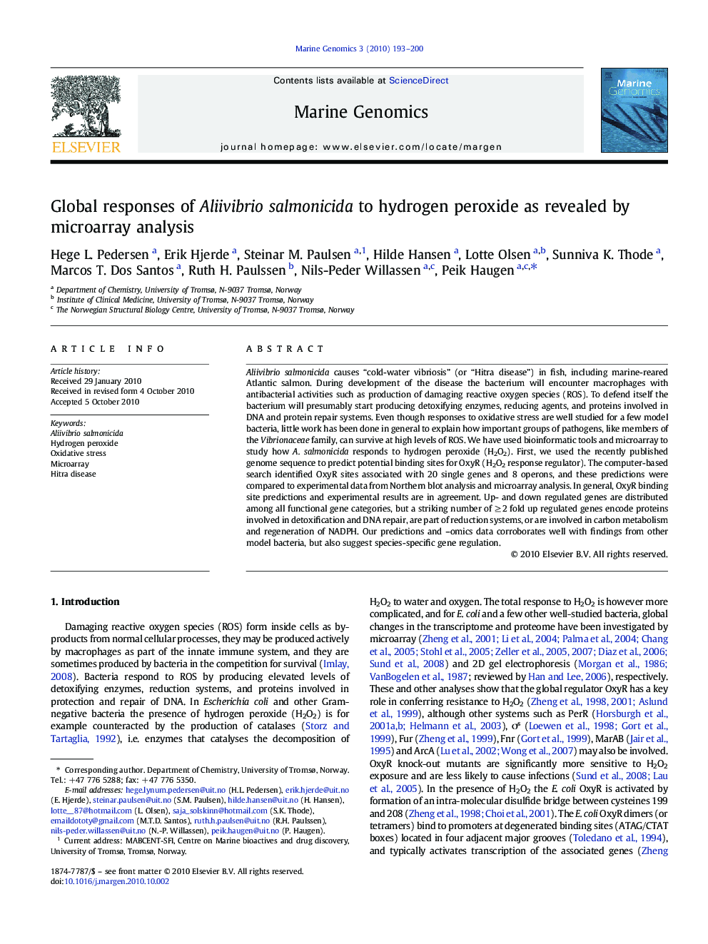 Global responses of Aliivibrio salmonicida to hydrogen peroxide as revealed by microarray analysis