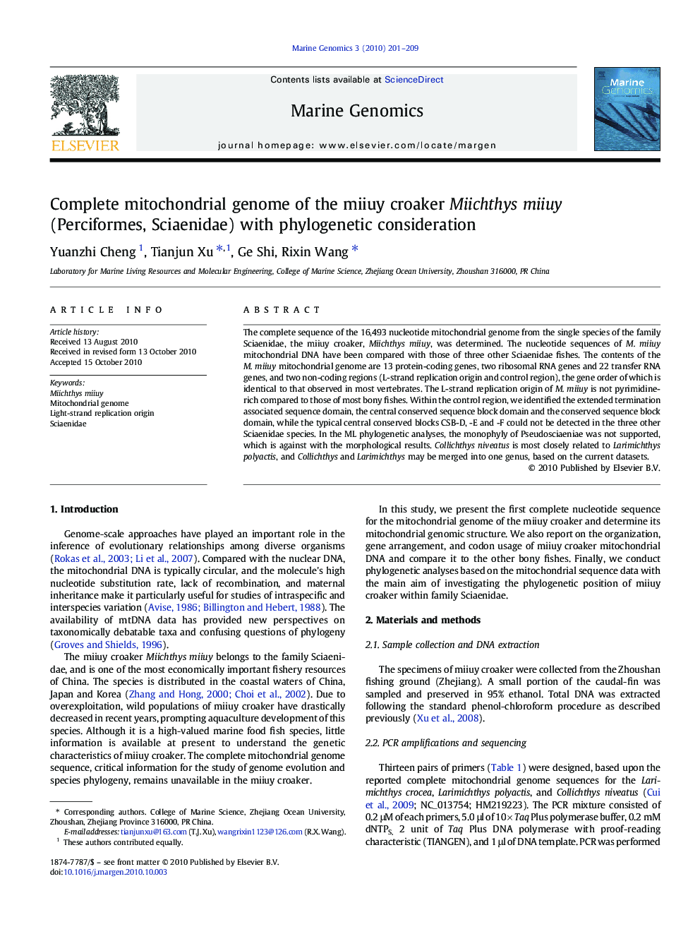 Complete mitochondrial genome of the miiuy croaker Miichthys miiuy (Perciformes, Sciaenidae) with phylogenetic consideration