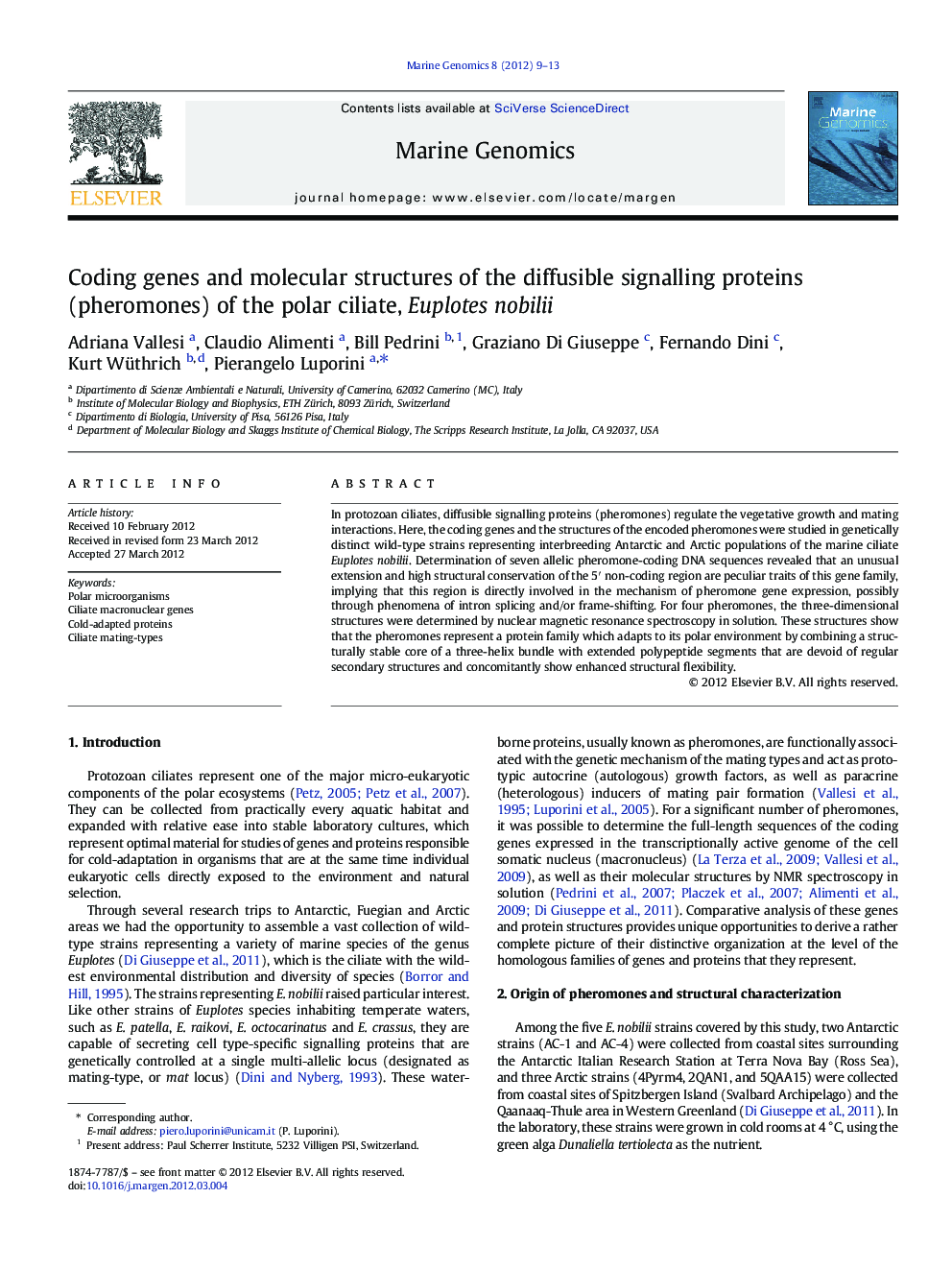 Coding genes and molecular structures of the diffusible signalling proteins (pheromones) of the polar ciliate, Euplotes nobilii